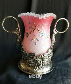 Antique Victorian MOP art glass Celery Vase in quadruple plate frame