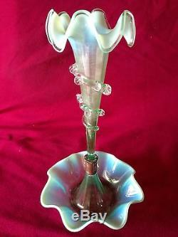 Antique Victorian Vaseline Opalescent Art Glass Epergne Trumpet Vase 12