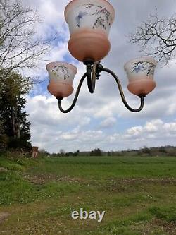 Antique Vintage Old Art Nouveau 3 Arm Brass Gothic Chandelier glass shades