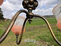 Antique Vintage Old Art Nouveau 3 Arm Brass Gothic Chandelier glass shades