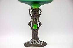 Antique c. 1905 Jugendstil Art Nouveau Loetz iridescent glass vase with Pewter base