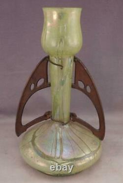 Antique c1900 LOETZ Art Nouveau Art Glass Vase & Austrian Bronze Ornament Collar