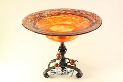 Antique c1920 Schneider French Art Glass & Wrought Iron Compote Bowl Footed Vase