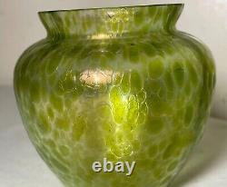 Antique hand blown Bohemian Loetz aurene iridescent green textured glass vase