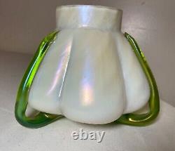 Antique hand blown Bohemian Loetz aurene iridescent pearl studio art glass vase