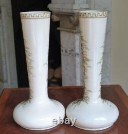 Antique opaline glass vases Pair Victorian girls winter scene