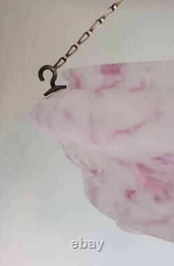 Art Deco Marbleized Pink Glass Flycatcher Plafonnier Light Shade, Hooks & Chains