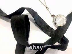 Art Deco Necklace Watered Silk Ribbon Silver Tone Faceted Glass Bead 34 +2.5