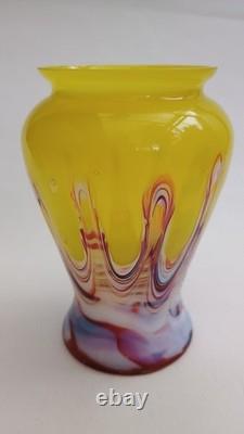 Art Deco Rindskopf Pulled Feather Yellow Glass Vase c. 1930 Bohemian Art Glass