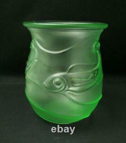 Art Deco Uranium / Vaseline Green Frosted Satin Glass Fish Vase Pressed