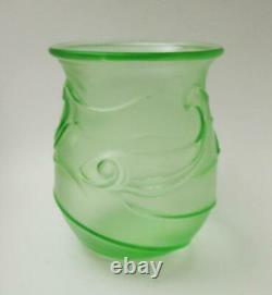 Art Deco Uranium / Vaseline Green Frosted Satin Glass Fish Vase Pressed