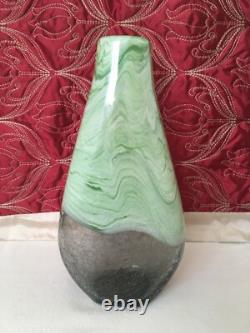 Art Glass Cased Green Marble Effect & Crackle Glass Vase 11.75 Inch