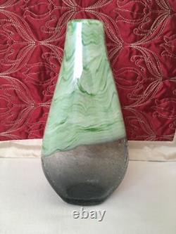 Art Glass Cased Green Marble Effect & Crackle Glass Vase 11.75 Inch