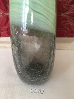 Art Glass Cased Green Marble Effect & Crackle Glass Vase 11.75 Inch