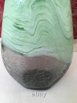 Art Glass Cased Green Marble Effect & Crackle Glass Vase 11.75 Inch