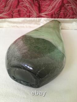 Art Glass Cased Green Marble Effect & Crackle Glass Vase 11.75 Inch