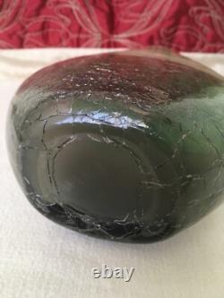 Art Glass Cased Green Marble Effect & Crackle Glass Vase 11.75 Inch