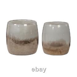 Art Glass Grey Brown Bowl Low Vase Set 2 Earth Tones Iridescent Mid Century