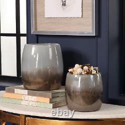 Art Glass Grey Brown Bowl Low Vase Set 2 Earth Tones Iridescent Mid Century
