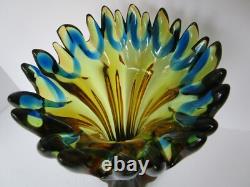 Art Glass Handblown MCM Pulled Swung Vase Green Gold Blue 10.50 tall