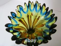Art Glass Handblown MCM Pulled Swung Vase Green Gold Blue 10.50 tall