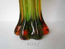 Art Glass Handblown MCM Pulled Swung Vase Green Gold Blue 10.50 tall
