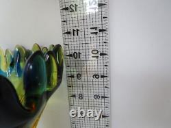 Art Glass Handblown MCM Pulled Swung Vase Green Gold Blue 10.50 tall