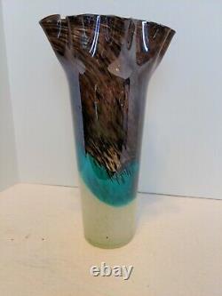 Art Glass Studio Handblown Ruffled Vase Multicolored Beautiful 12.5