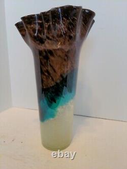 Art Glass Studio Handblown Ruffled Vase Multicolored Beautiful 12.5