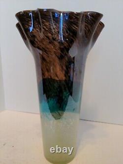 Art Glass Studio Handblown Ruffled Vase Multicolored Beautiful 12.5