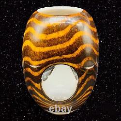 Art Glass Tiger Striped Glass Vase with Clear Round Windows 7.25T 5W