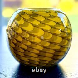 Art Glass Vase Bowl Pulled Feather Pattern Handcrafted Contemp Studio Yellow