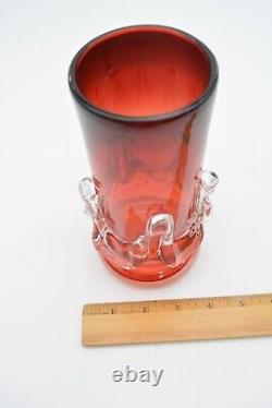 Art Glass Vase, Jerzy Sluczan-Orkusz 1970's, Clear Rigaree, Red Ombre, Polish