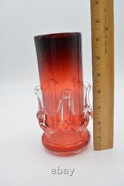 Art Glass Vase, Jerzy Sluczan-Orkusz 1970's, Clear Rigaree, Red Ombre, Polish