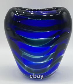 Art Glass Vase MCM Cobalt Blue Green Clear Stripe Meydam Leerdam Signed 5