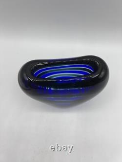 Art Glass Vase MCM Cobalt Blue Green Clear Stripe Meydam Leerdam Signed 5