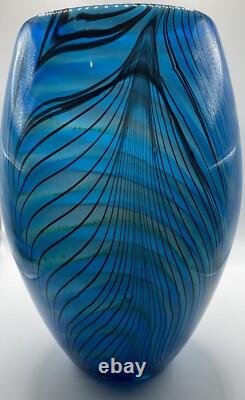 Art Glass Vase, Peacock Blue with white interior. Very heavy