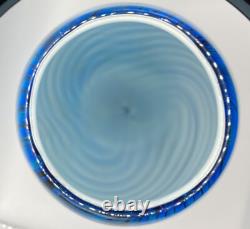 Art Glass Vase, Peacock Blue with white interior. Very heavy