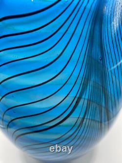 Art Glass Vase, Peacock Blue with white interior. Very heavy