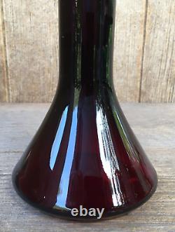 Art Glass Vase Red & Clear Applied Pulled Ruffled Rim Mid Century Modern Vintage