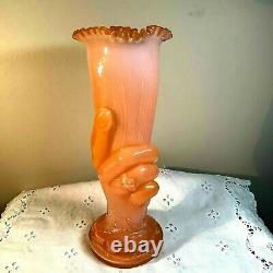 Art Nouveau Coral Orange Cased Glass Ruffled Edge Hand Holding Torch Vase C5-5
