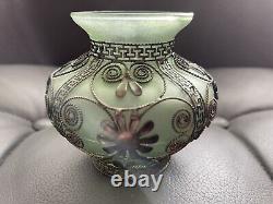Art Nouveau Green Glass Vase White Metal Filigree Decoration