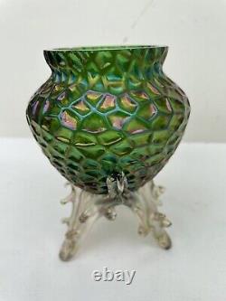 Art Nouveau Kralik Honeycomb/ Diaspora Irridescent Thorn Footed Glass Vase