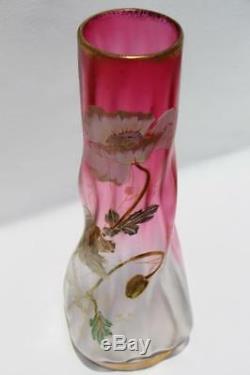 Art Nouveau Legras France Gild Enameled Frost Cranberry Glass Vase Poppy Flower