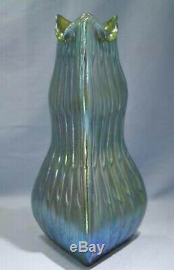 Art Nouveau Loetz Neptun Pattern Art Glass Oridescent Green Color Vase C. 1900's