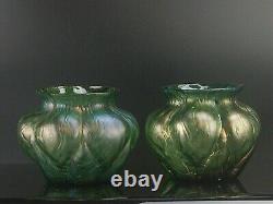 Art Nouveau Loetz Style Small Green Leaf Glass Vase Pair