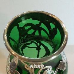Art Nouveau Sterling Silver Overlay Green Glass 8 Vase, c. 1910