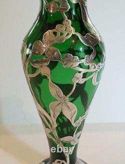 Art Nouveau Sterling Silver Overlay Green Glass 8 Vase, c. 1910