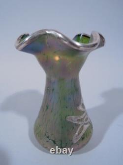 Art Nouveau Vase Antique American Iridescent Glass Vase Silver Overlay