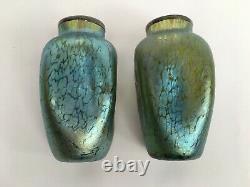 Art Nouveu Loetz Green Iridescent PAIR Art Glass Vases Silver Overlay